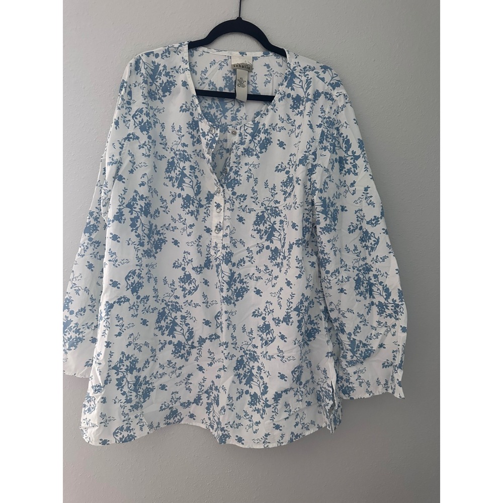 Sahalie Womens XL Blue White Floral Henley Tunic Long Sleeve Snap Front Top